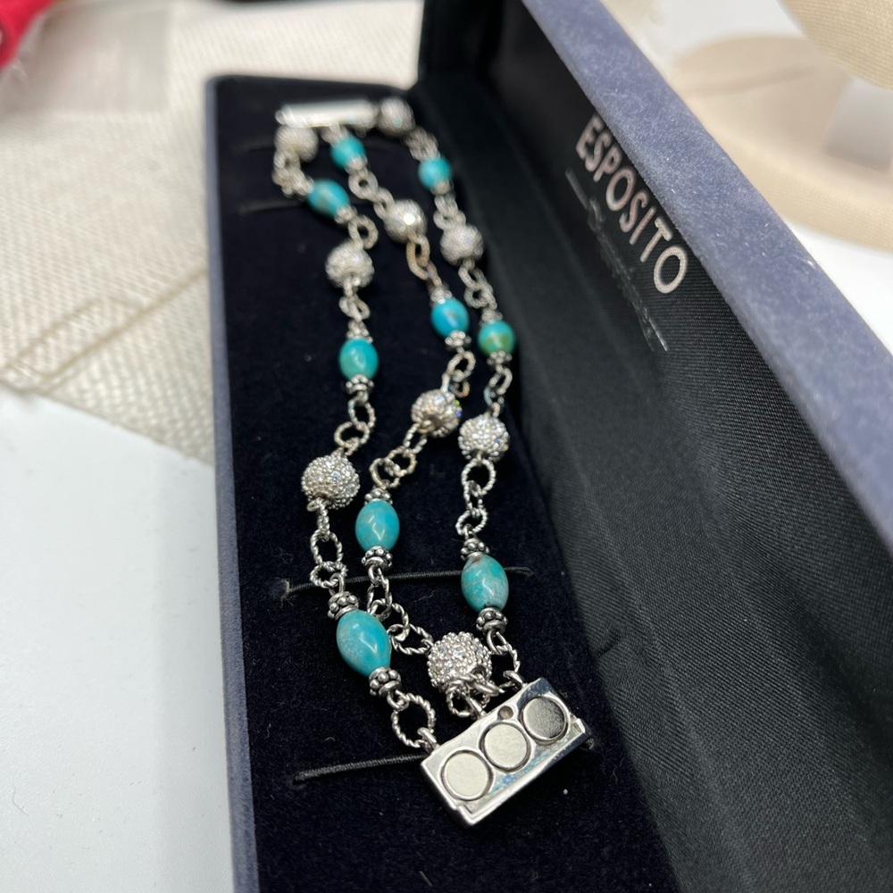 Vintage Joseph Esposito Sterling Silver Turquoise & CZ Bead Bracelet